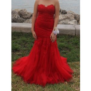 Strapless Red Lace Mermaid Dress